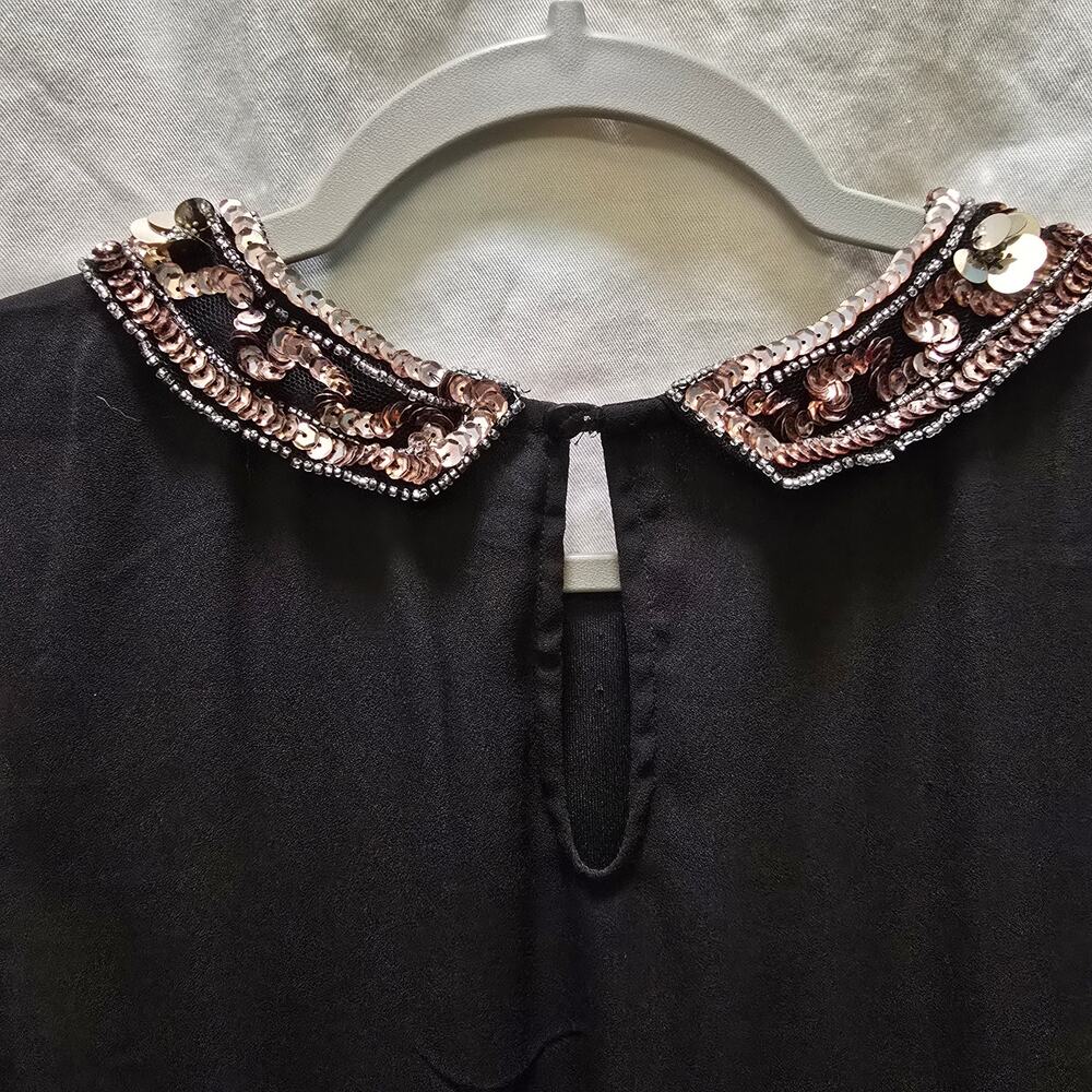 Modcloth black chiffon knee length sleeveless dress gold sequin beaded collar XL - Picture 11 of 13
